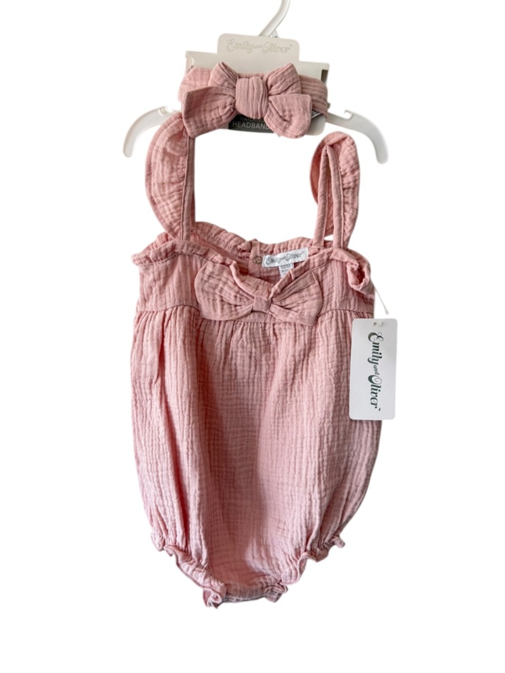 Emily & Oliver New Pink Cotton Gauze Baby Romper l Matching Headband 18 Months